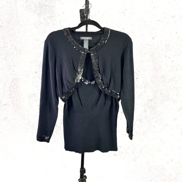 Bisou Bisou Womens Black Sequined V-neck Halter Top Cropped‎ Sweater Set Size XL - Picture 1 of 12